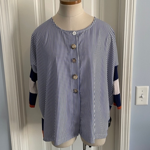 Chiara Cocol Large Blouse Top ~ Stripe Button Front Sweater Sleeves - Picture 1 of 11